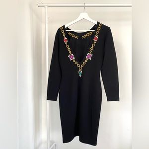 Vintage 80s 90s Party Knee-Length Black Dress wool jewelled backless long sleeve
